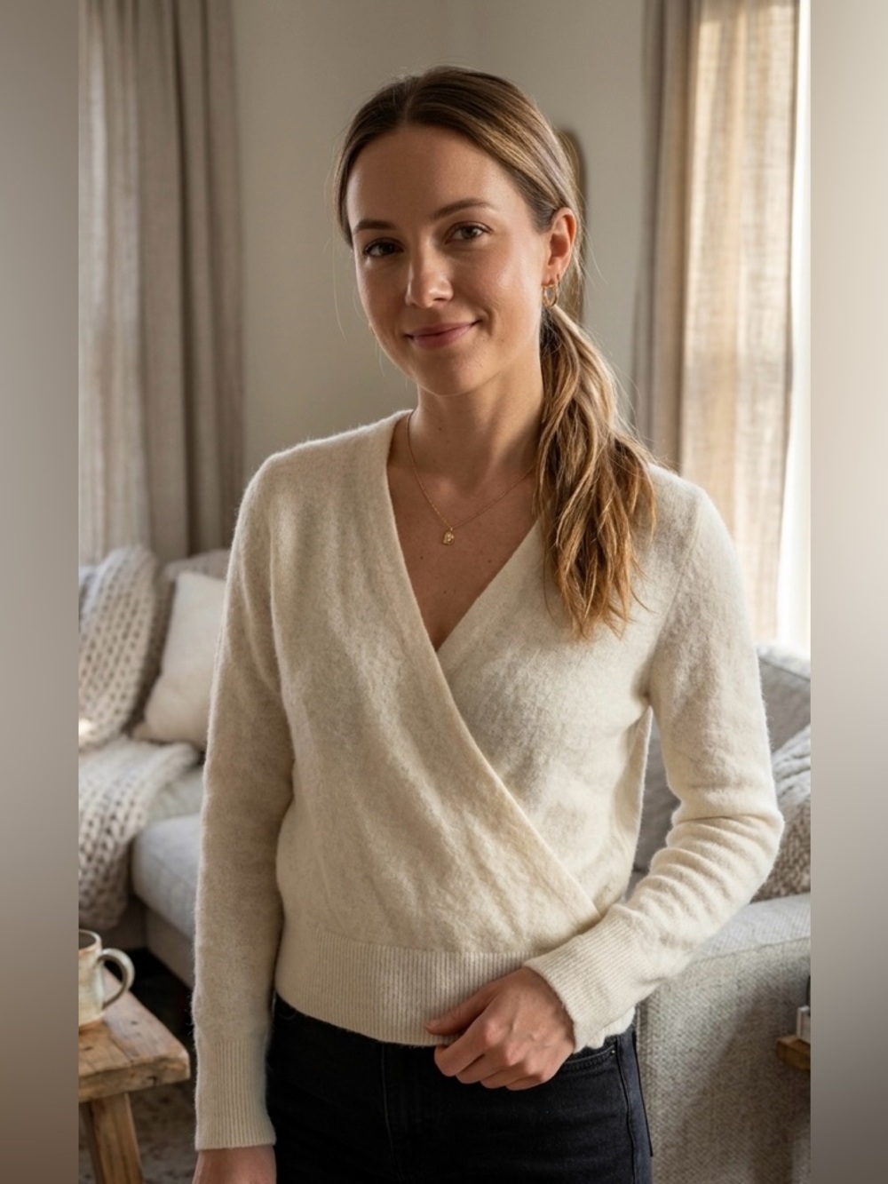 Banana Republic Cream Wool Blend Faux Wrap‎ Sweater Top - Size S - Ivory